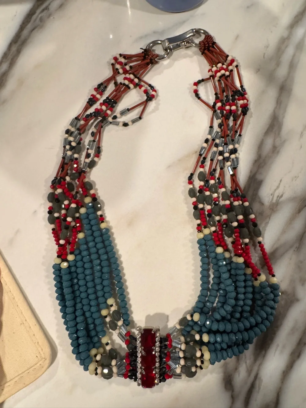 Multistrand Beaded Statement Necklace in Teal, Red & Ivory tribal